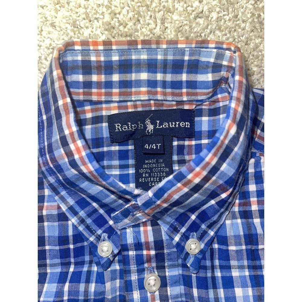 Ralph Lauren Boys Button Down Plaid Blue Orange White Shirt‎ Sz 4/4T - Picture 3 of 7